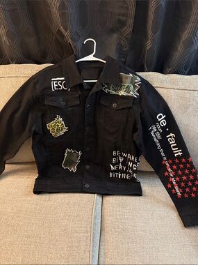 Black Men’s Jean Jacket with Printed Sleeve